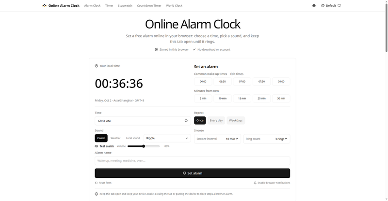 Online Alarm Clock homepage