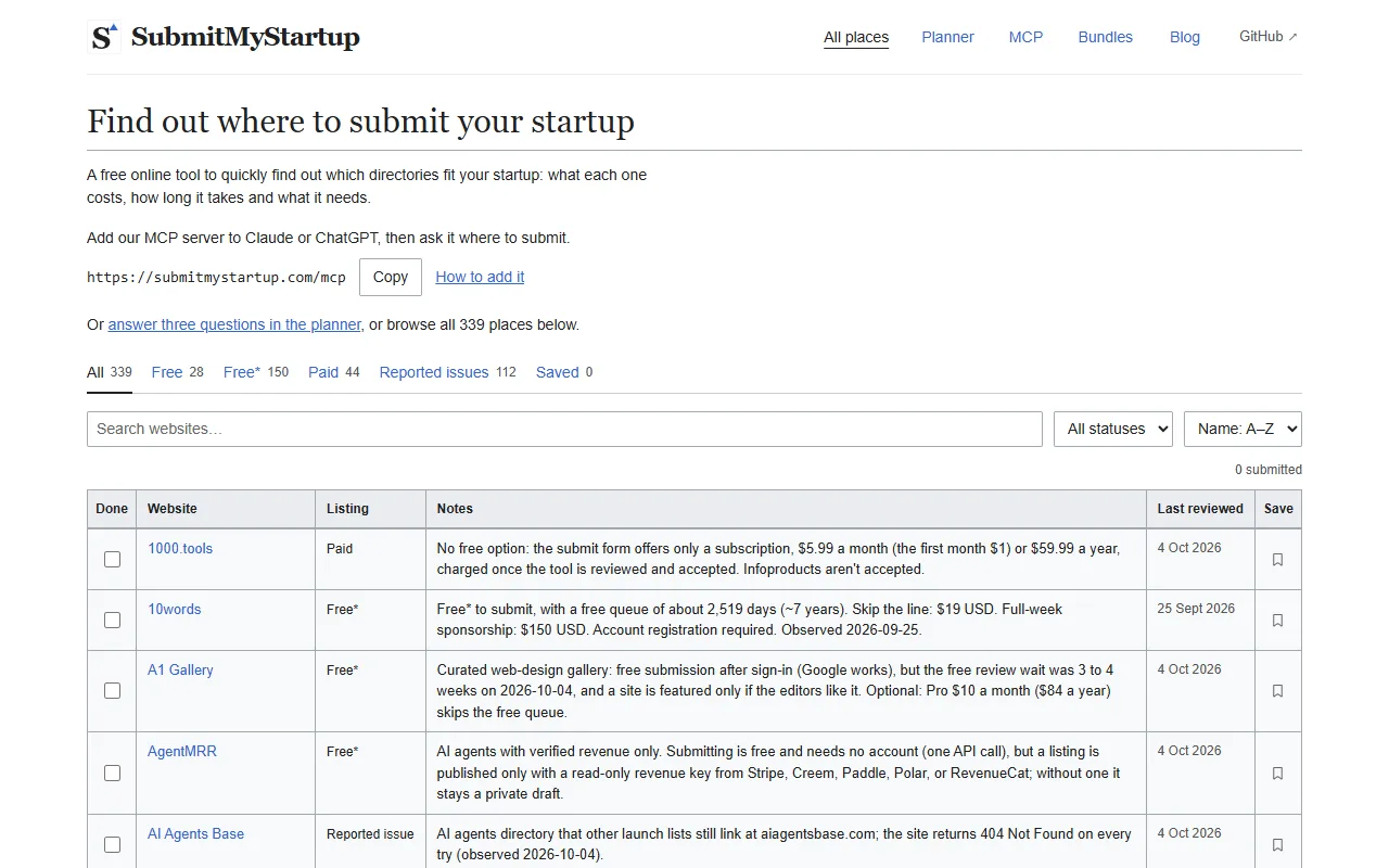 SubmitMyStartup homepage: MCP server, planner and the list of places to submit a startup