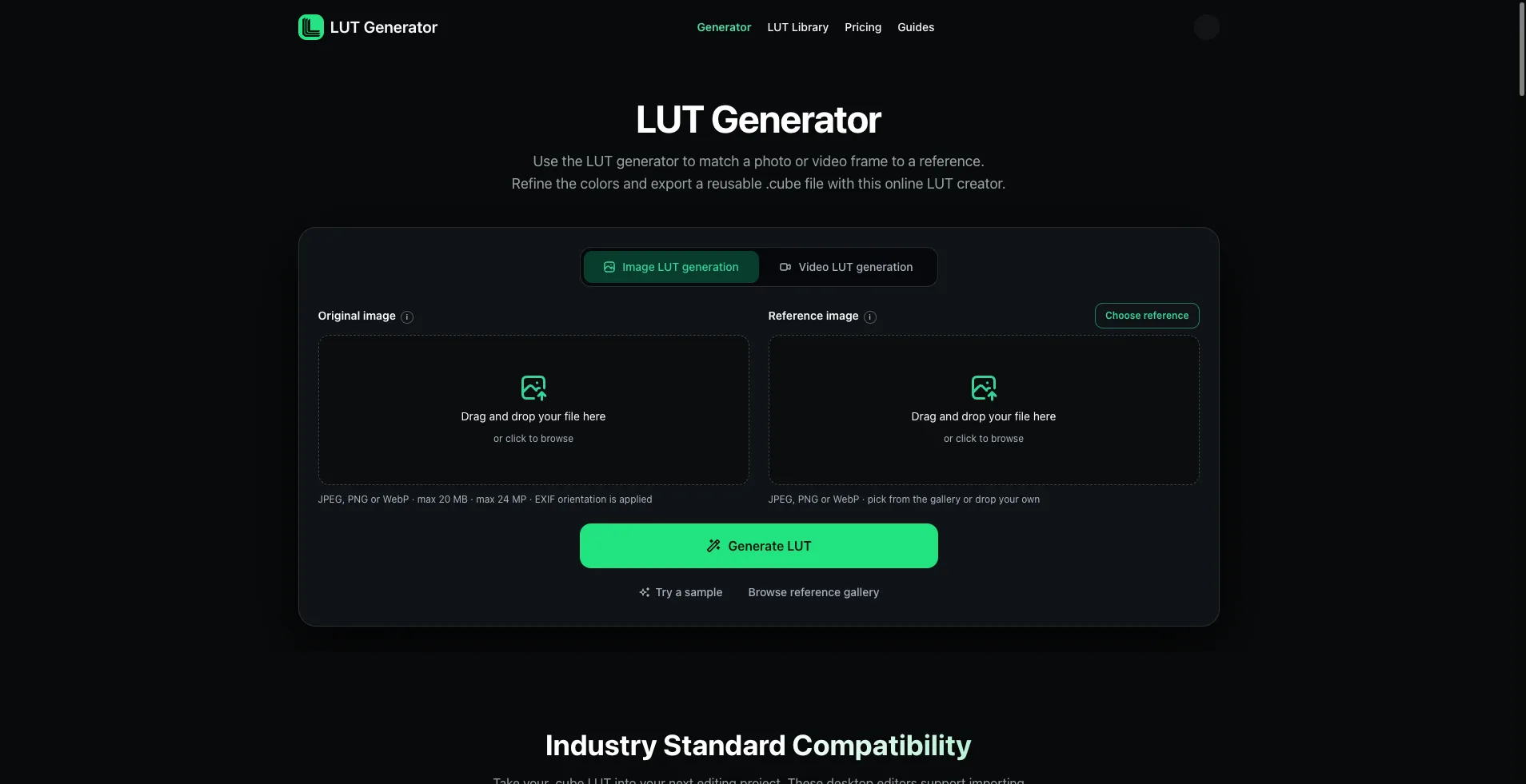 LUT Generator source and reference image matching workspace