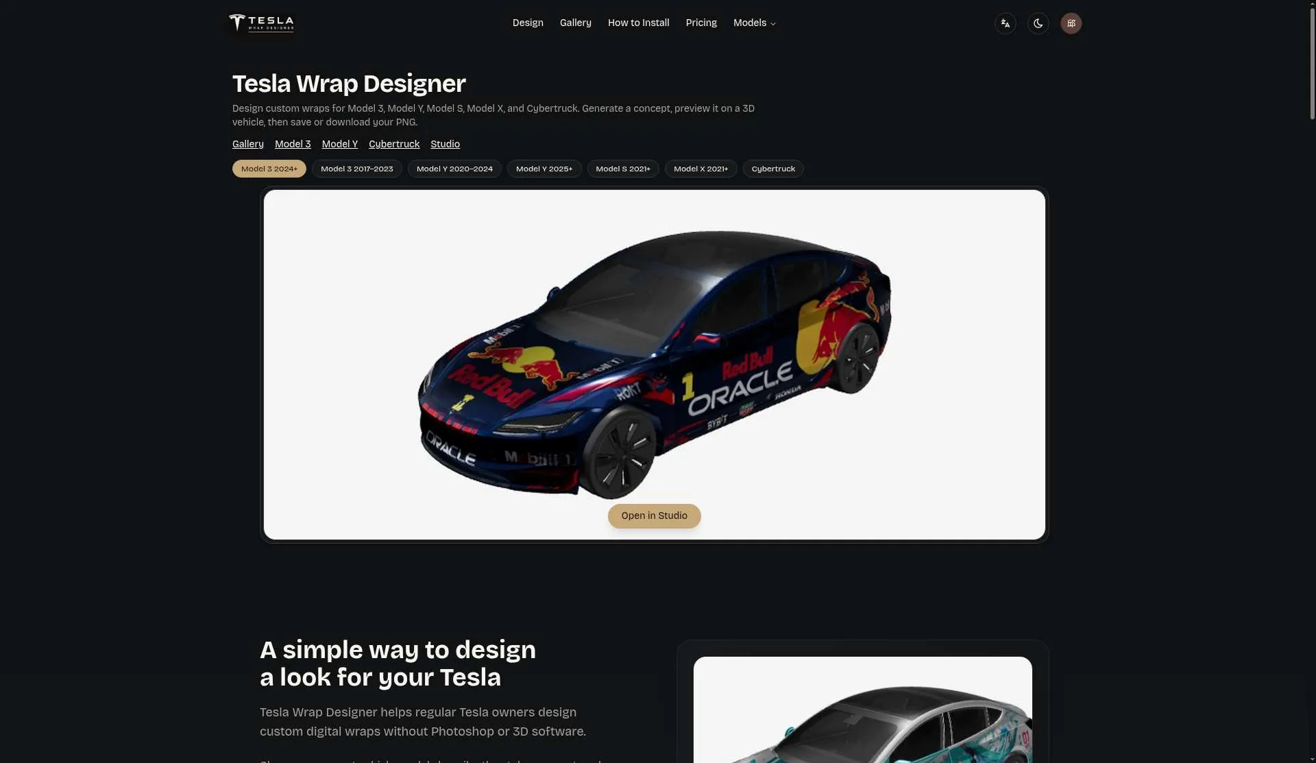 Tesla Wrap Designer homepage with 3D wrap preview