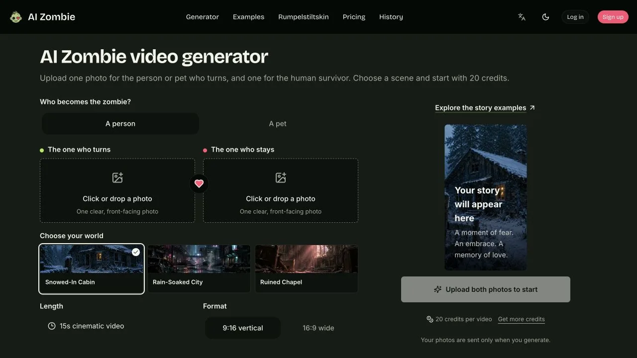 AI Zombie homepage and two-photo video generator