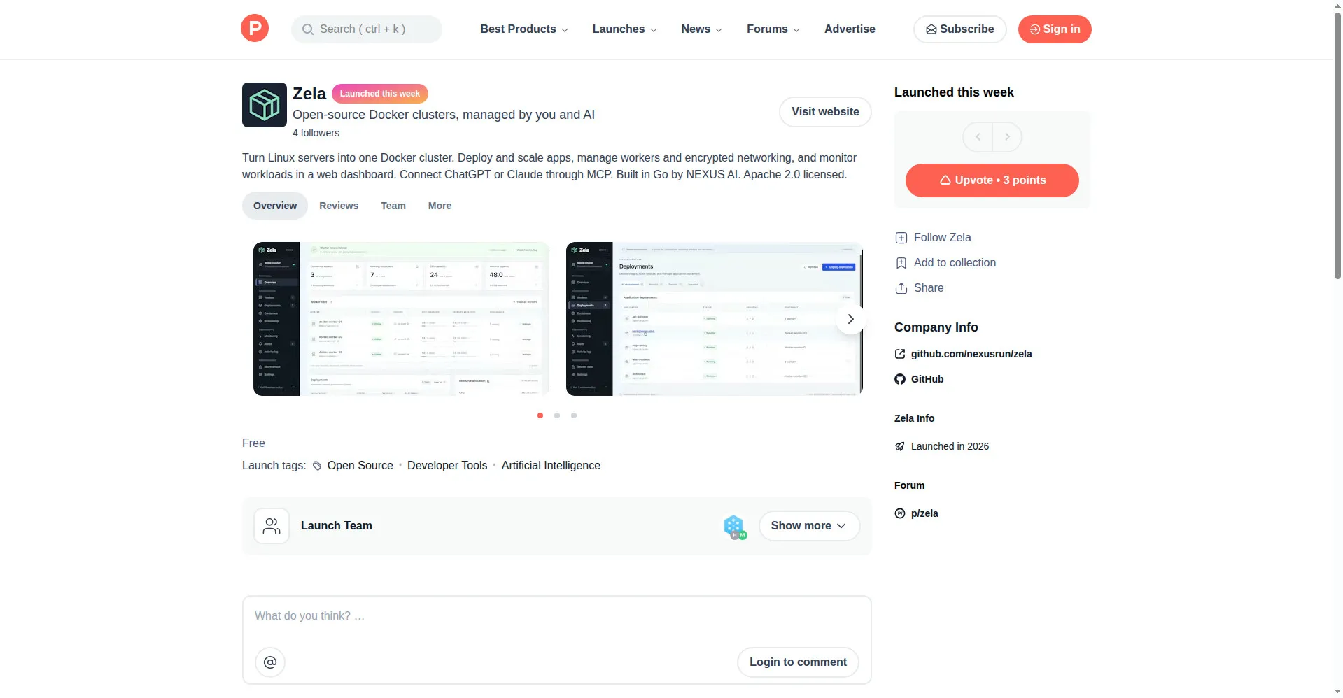Zela Product Hunt launch page with dashboard gallery