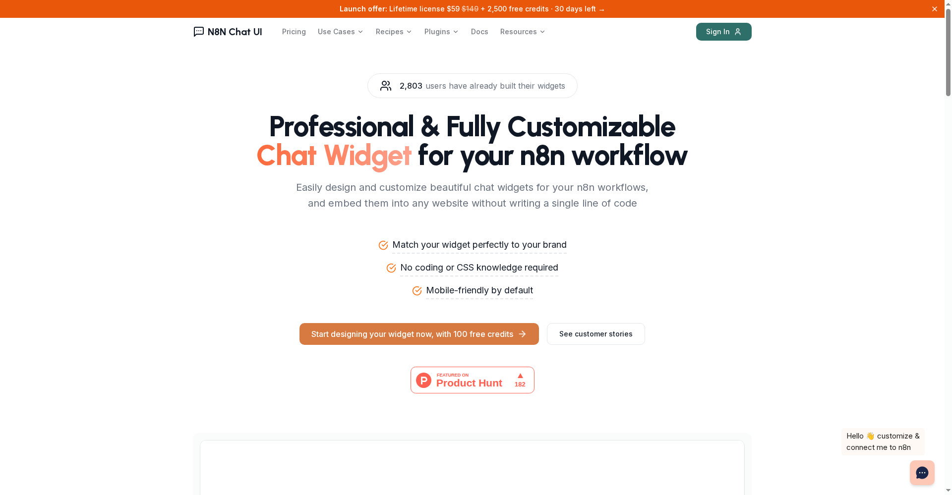 N8N Chat UI homepage - professional customizable chat widget for n8n