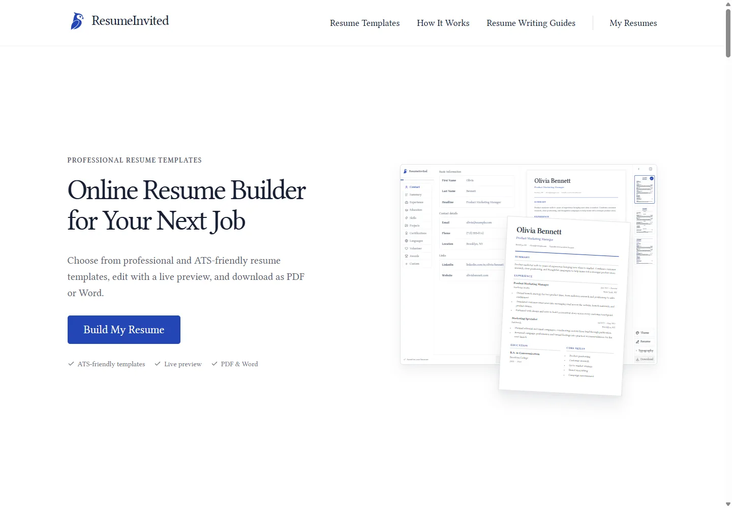 ResumeInvited homepage and online resume builder