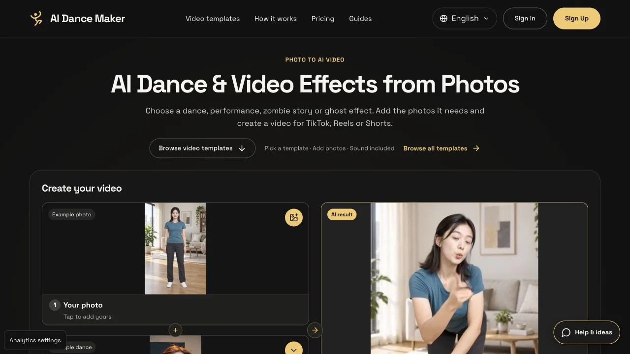 AI Dance Maker homepage and photo-to-video template preview