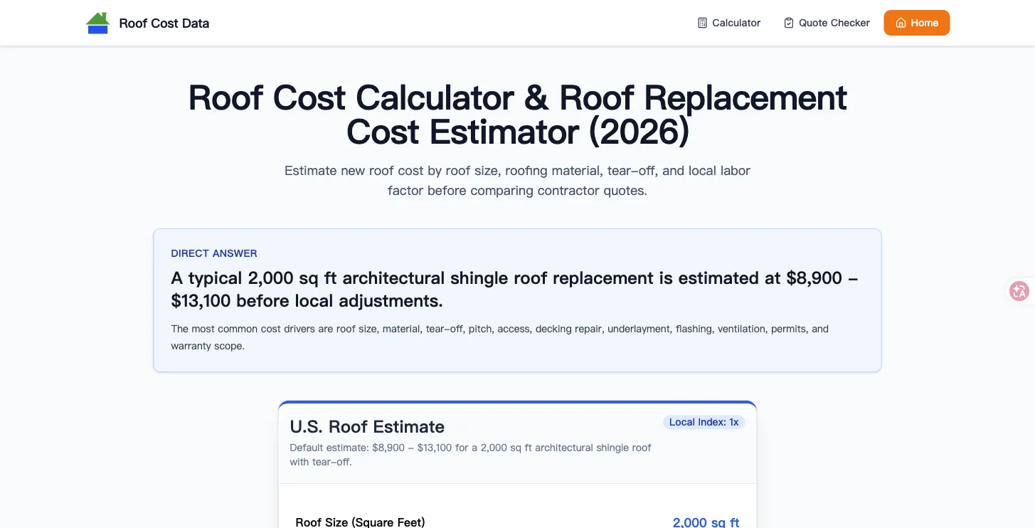 Roof replacement cost calculator with location and material inputs