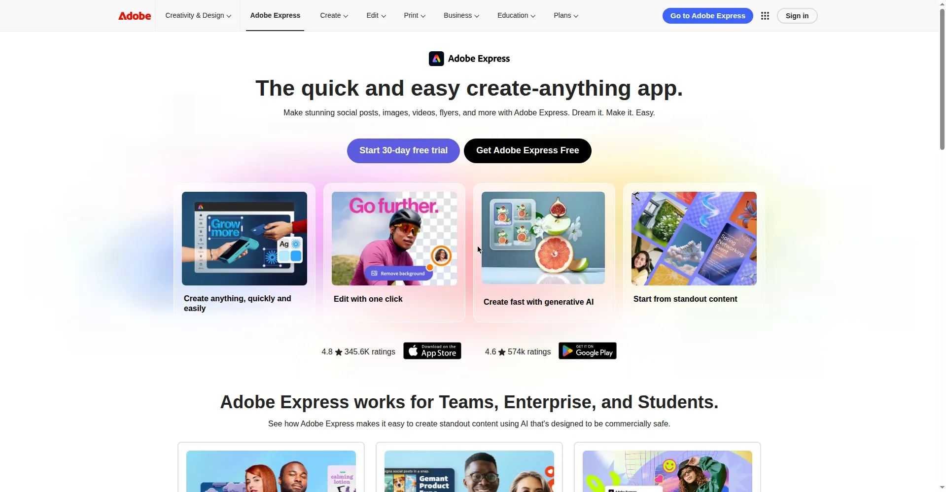 Adobe Express homepage: 'The quick and easy create-anything app.' with free plan and 30-day trial