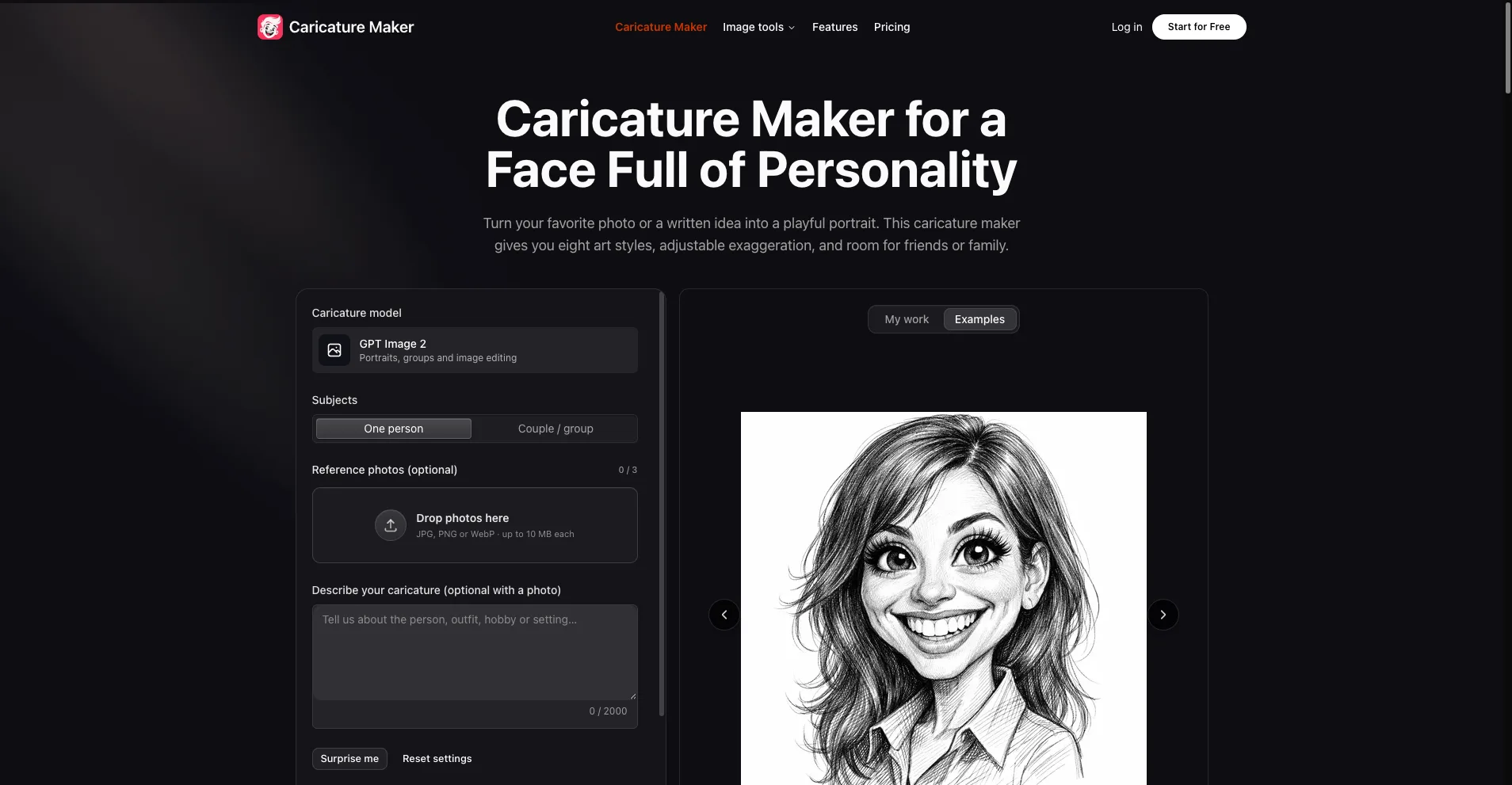 Caricature Maker homepage and portrait settings