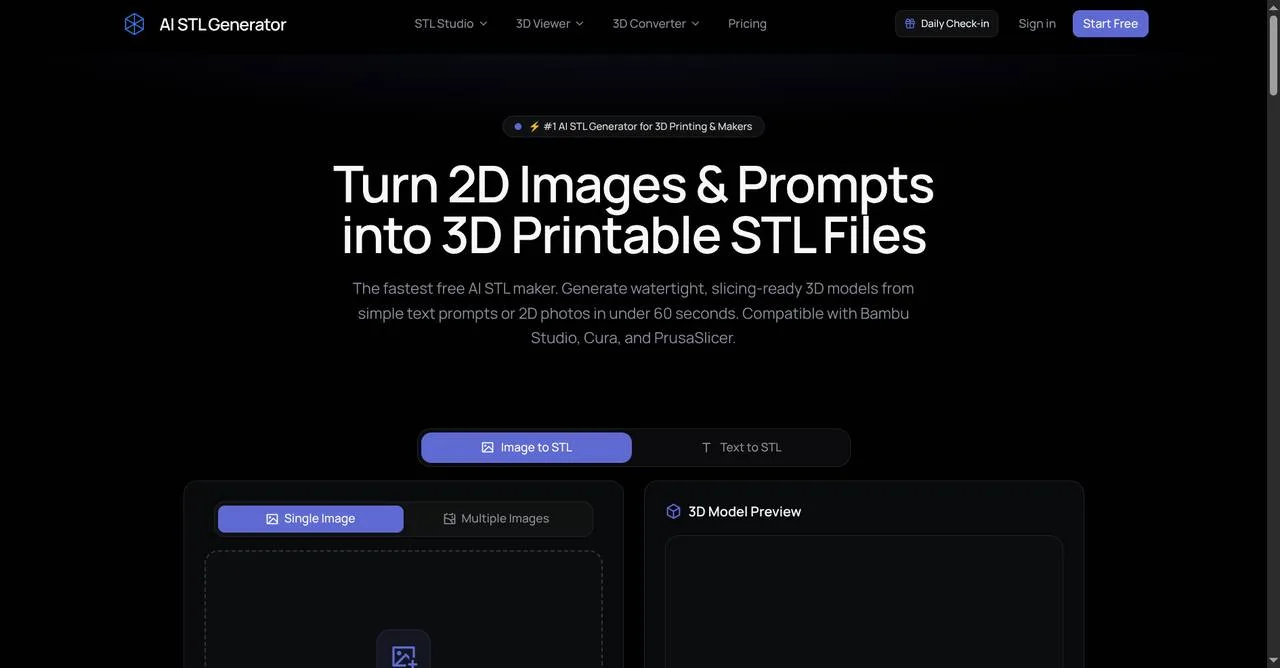 AI STL Generator homepage - text to 3D printable STL