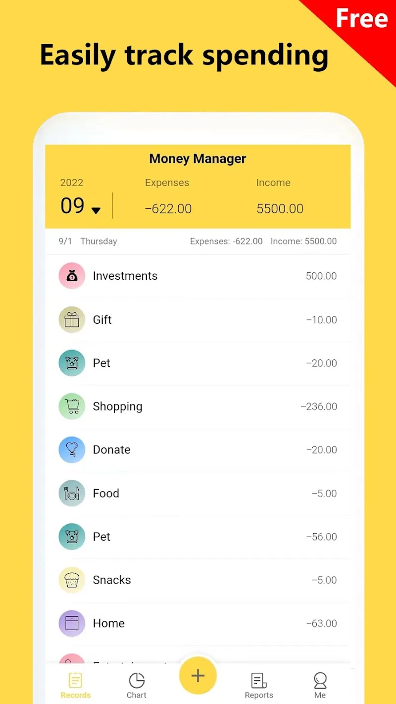 Expense list and categories