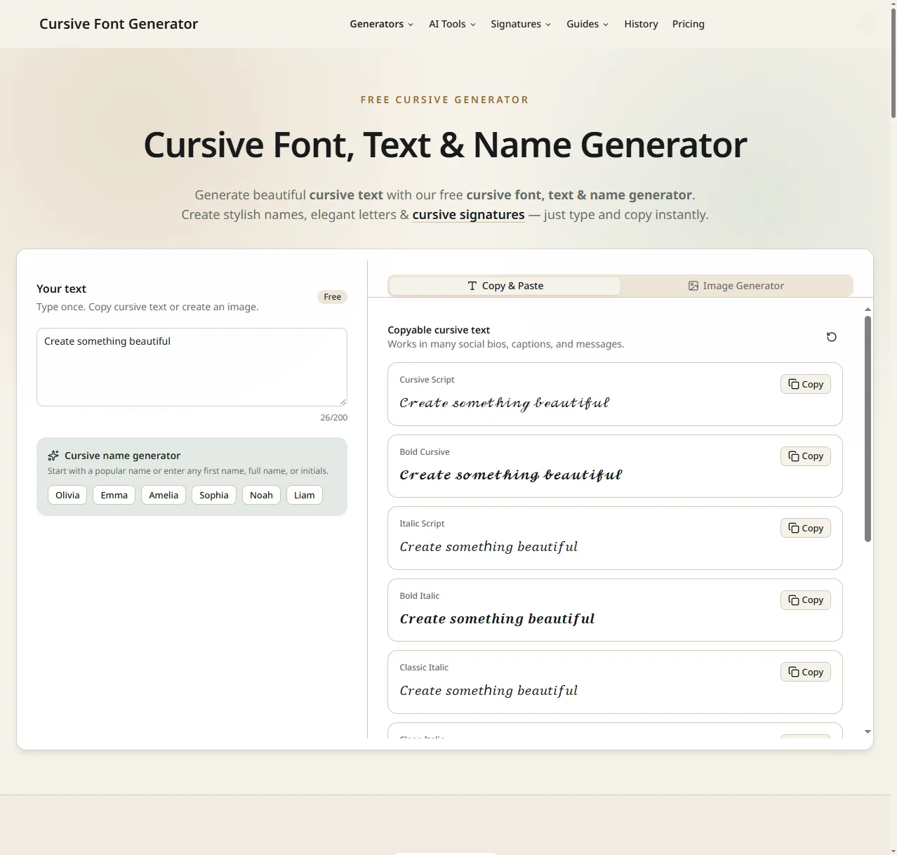 Cursive Font Generator homepage and text styles