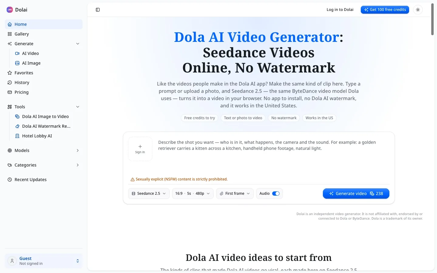 Dola AI video generator workspace