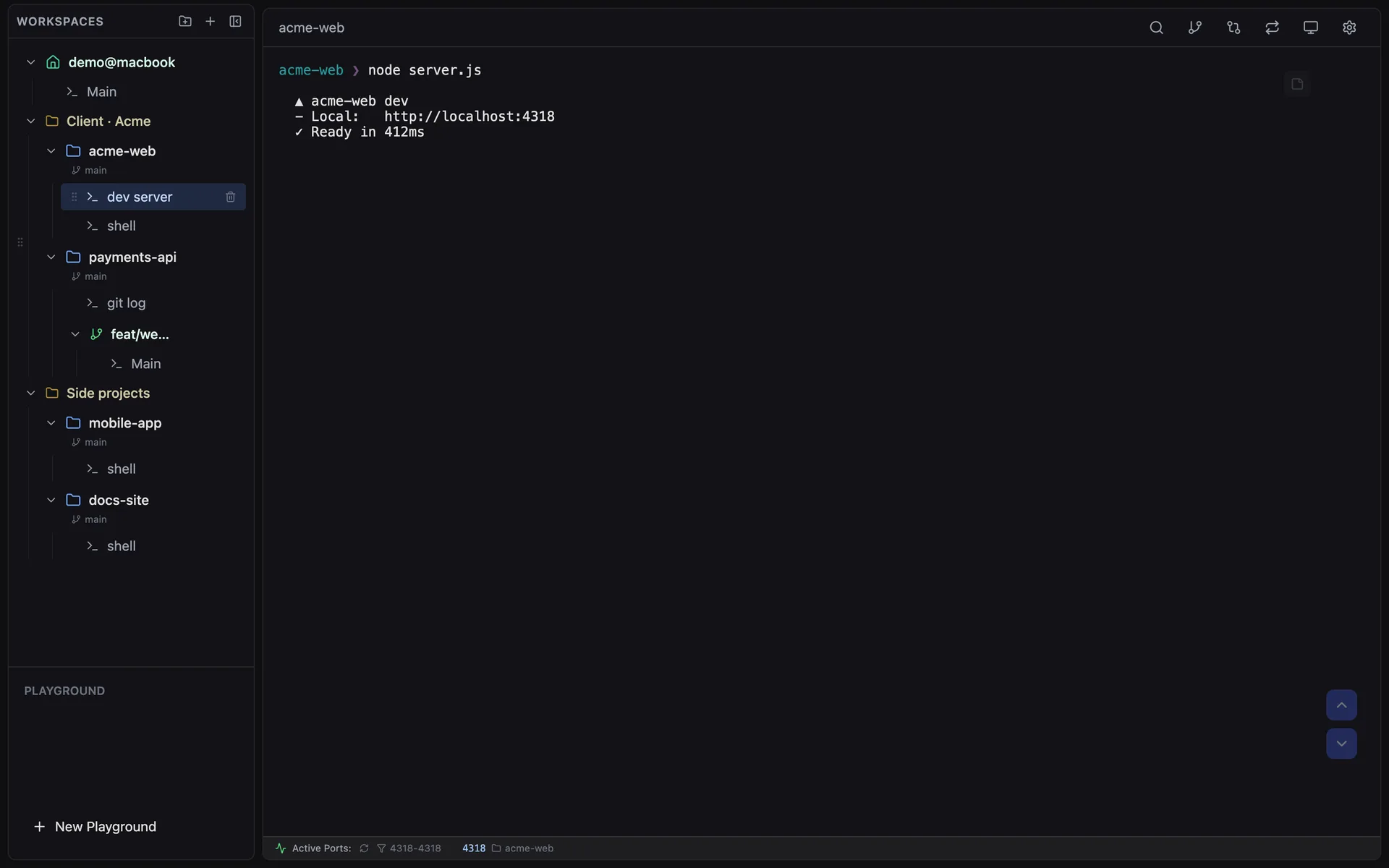 Dashboard with workspaces and sessions