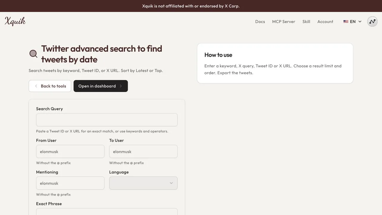 Xquik tweet search interface