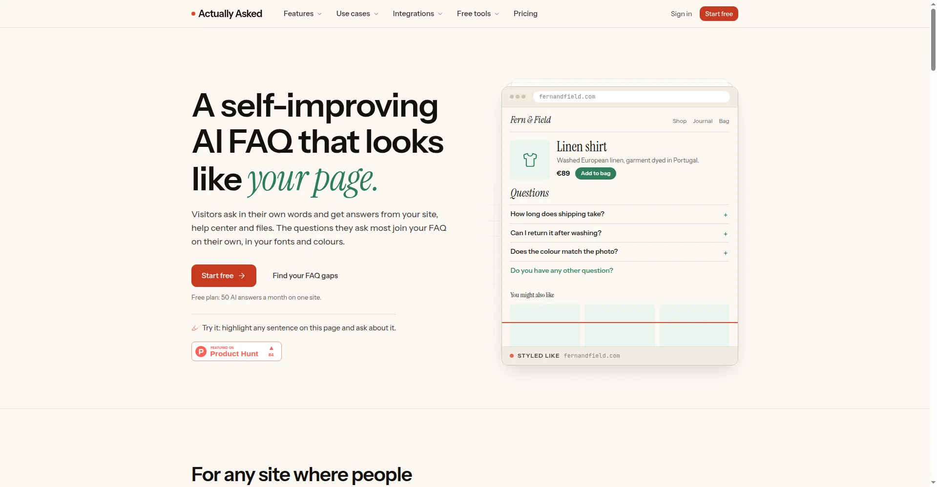 Homepage hero - a self-improving AI FAQ that looks like your page