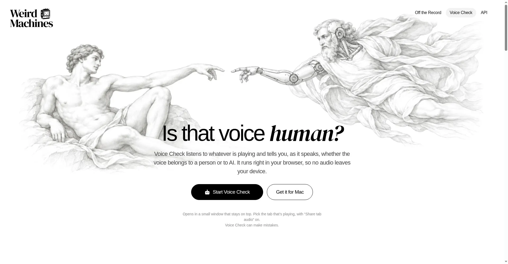 Voice Check homepage — 'Is that voice human?'