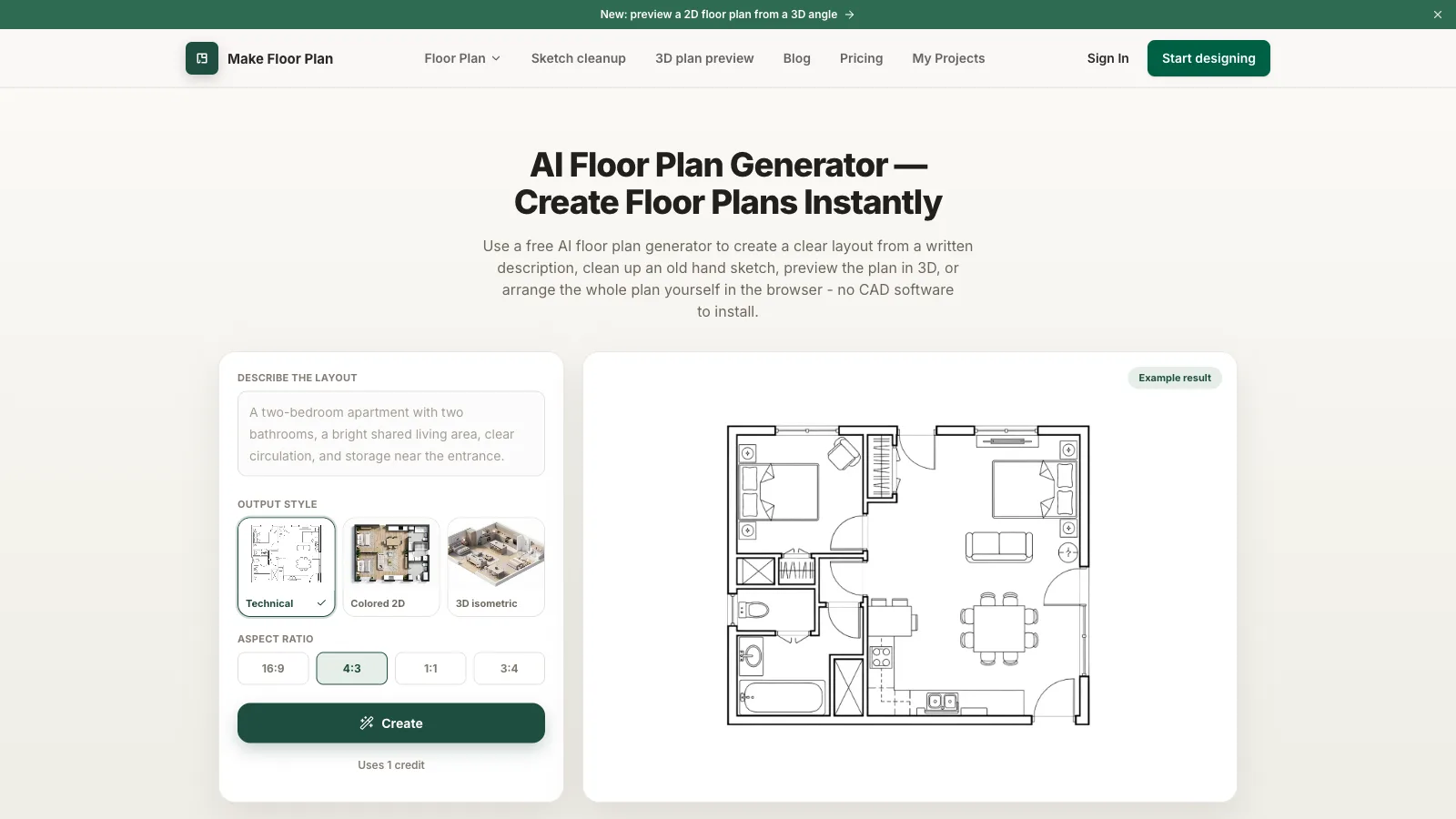 Make Floor Plan homepage showing a clearly labelled example result