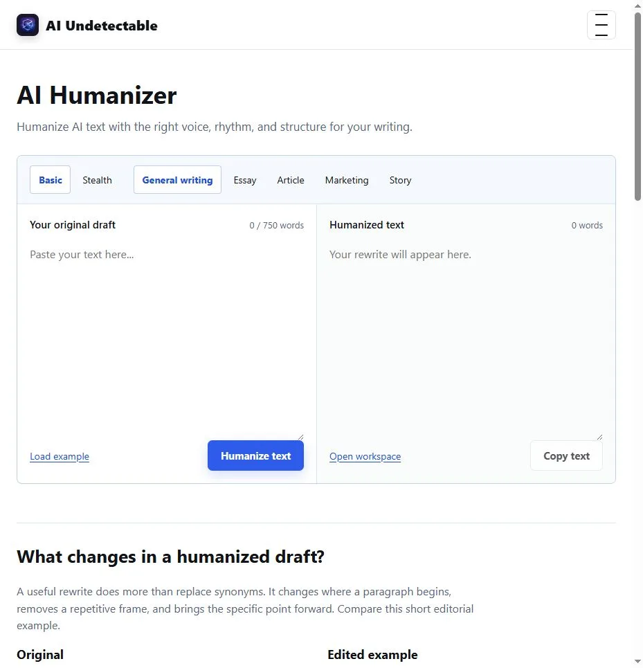 AIUndetectable humanizer editor with writing modes and source comparison