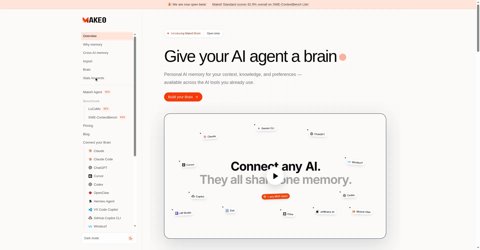 Homepage hero — give your AI agent a brain