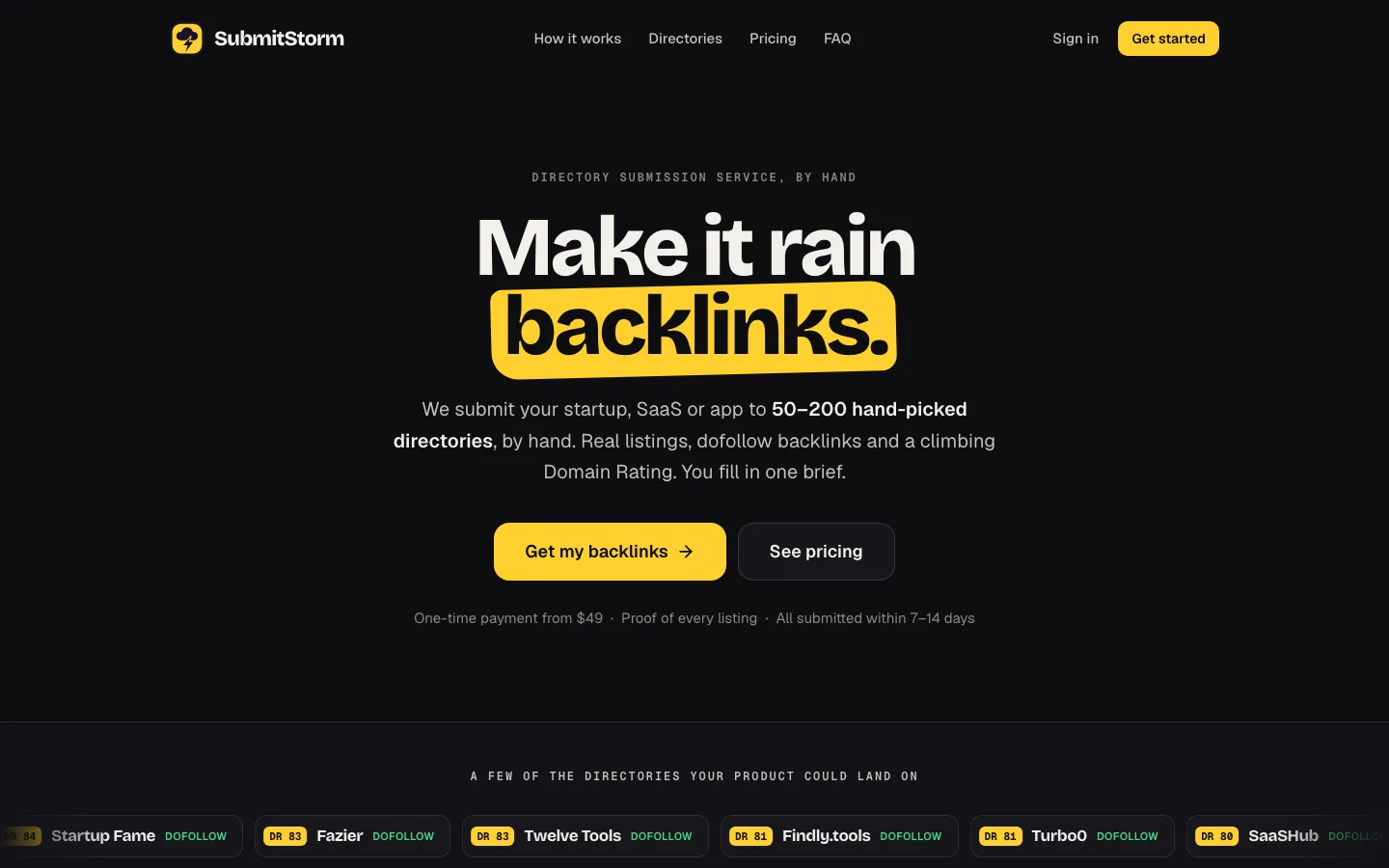SubmitStorm submission dashboard with proof of listings