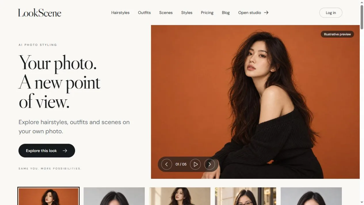LookScene homepage showing hairstyle, outfit and scene previews