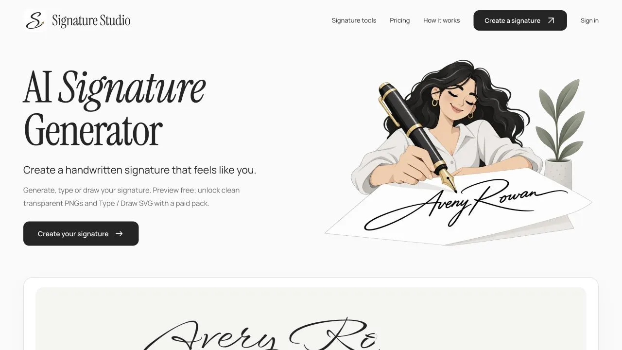 AI Signature Generator website and signature design interface