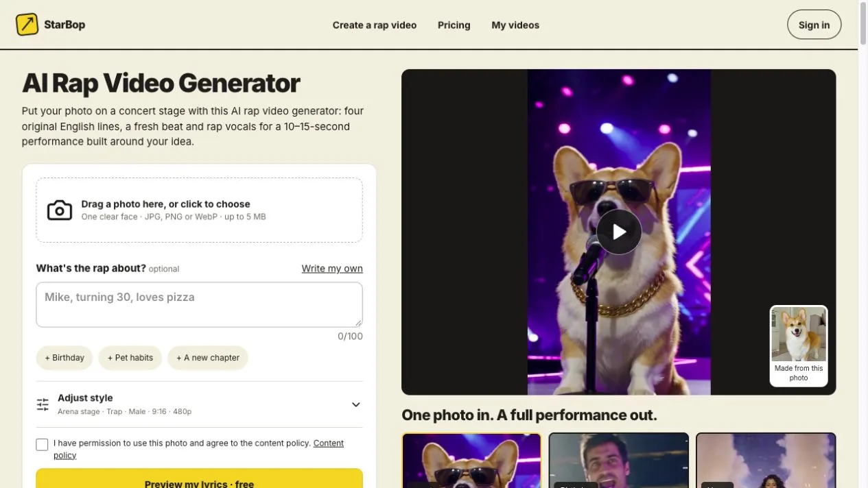 StarBop photo upload and rap video preview