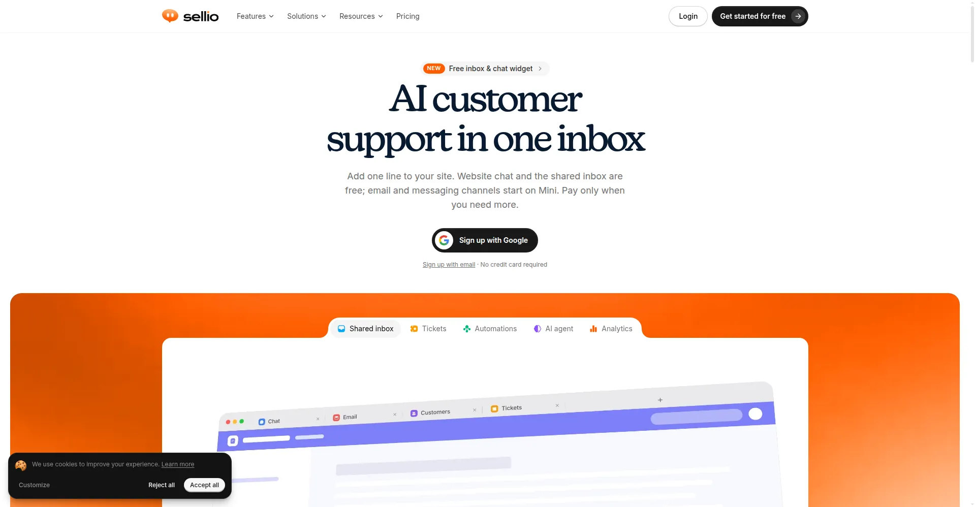 Sellio homepage — AI customer support in one inbox