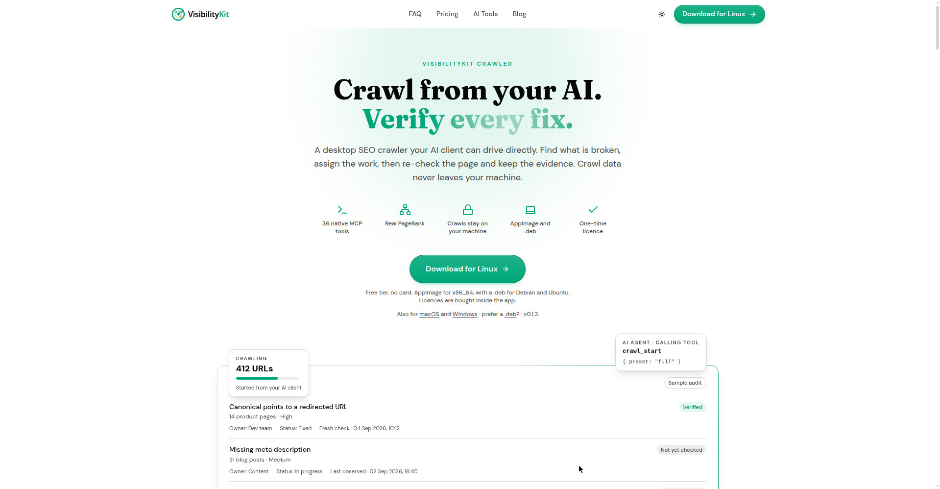 Homepage: crawl from your AI, verify every fix