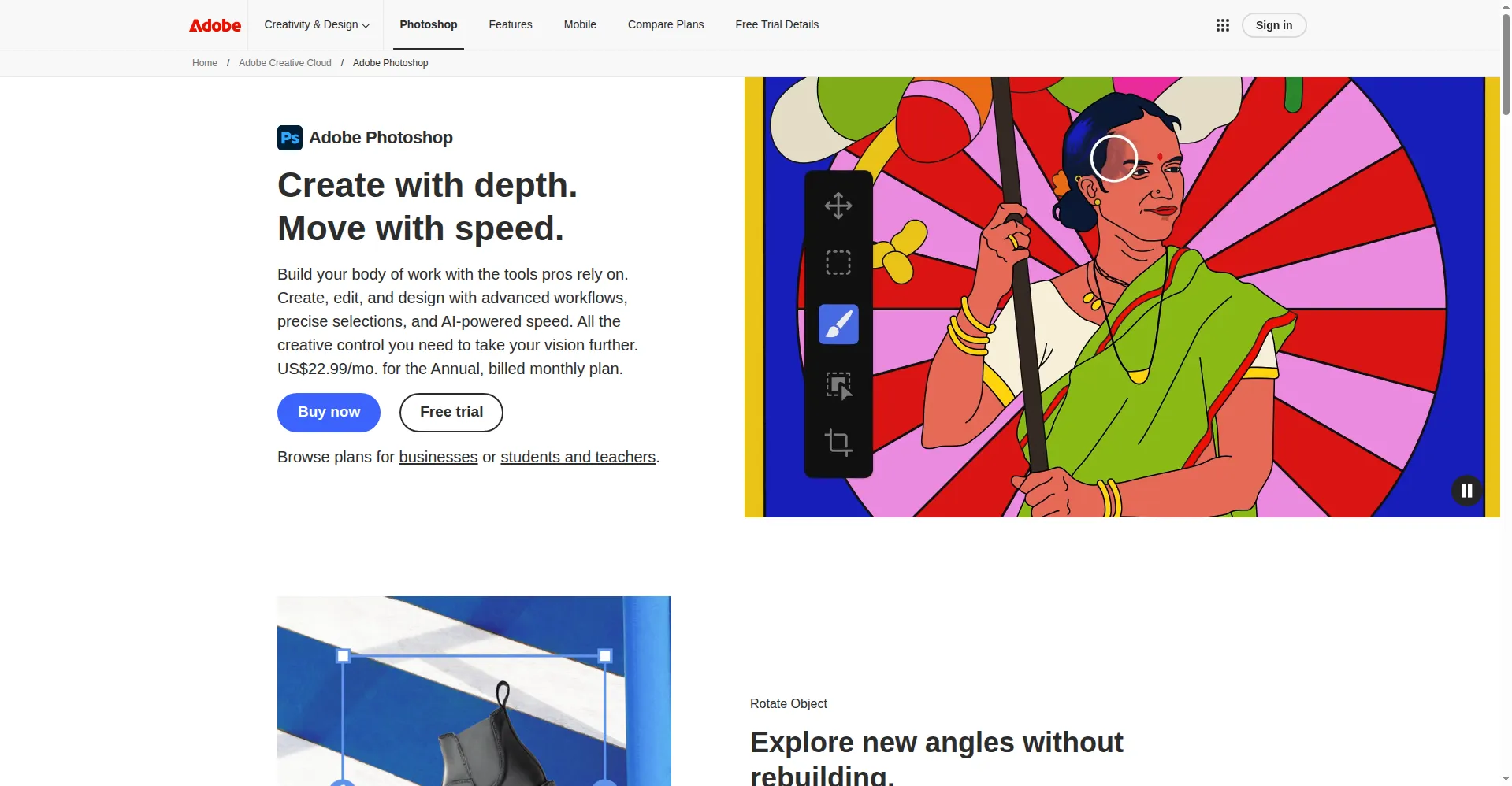 Photoshop homepage hero: 'Create with depth. Move with speed.' with $22.99/mo plan and free trial