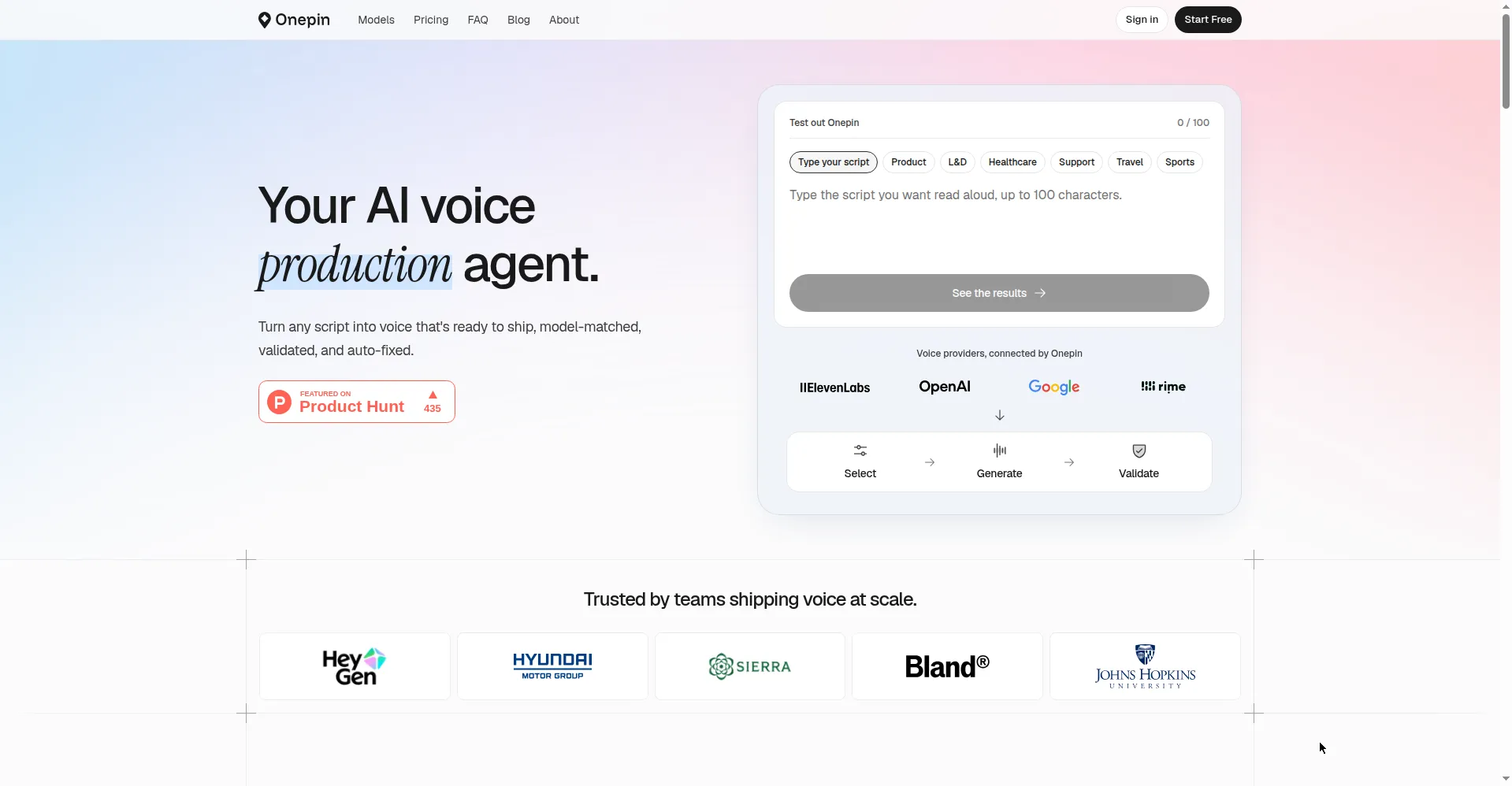 Onepin homepage — AI voice production agent