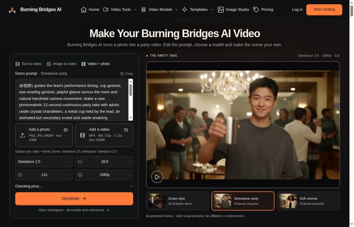 Burning Bridges AI interface with a labelled fictional party character demo