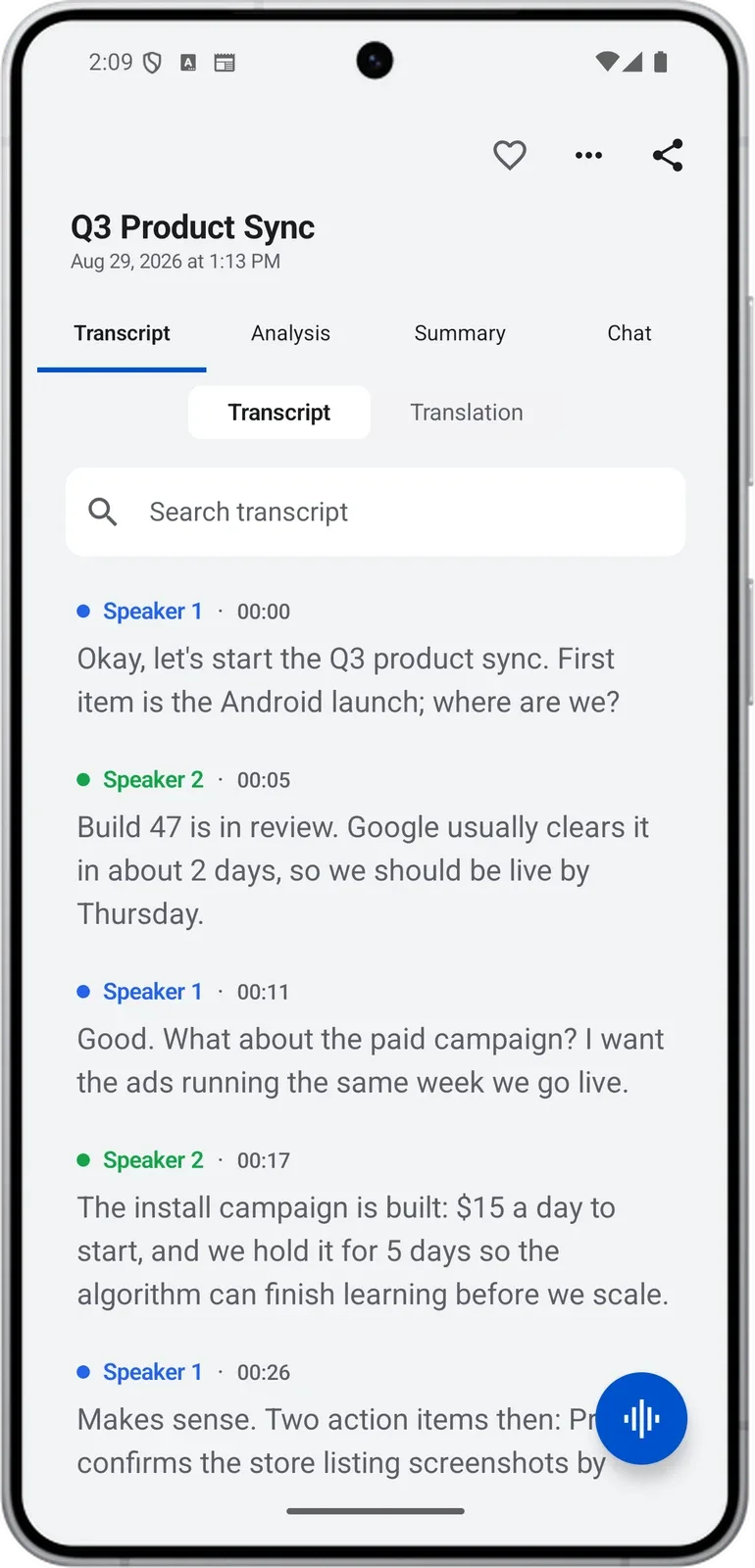 Noter AI meeting transcript with speaker labels and timestamps