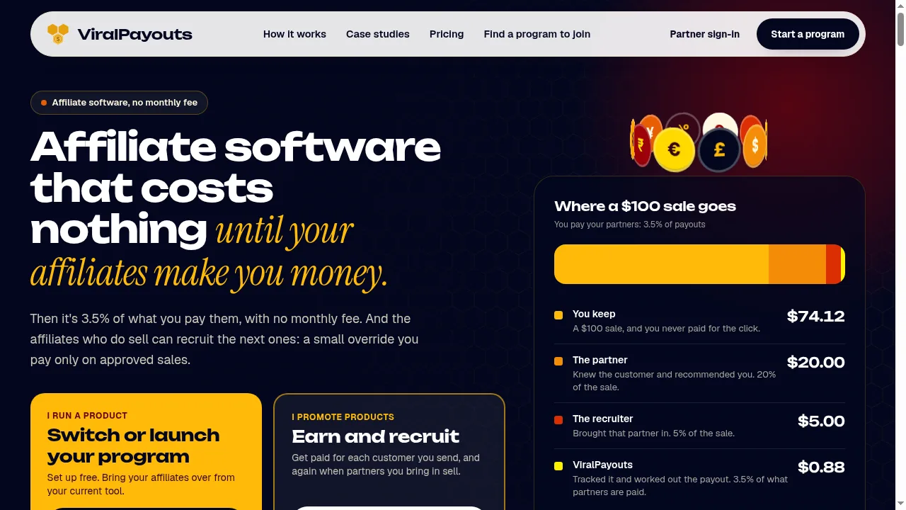 ViralPayouts homepage: affiliate software that costs nothing until affiliates make you money