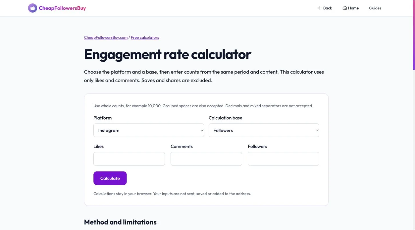 Manual engagement-rate calculator with follower, reach and view denominator options