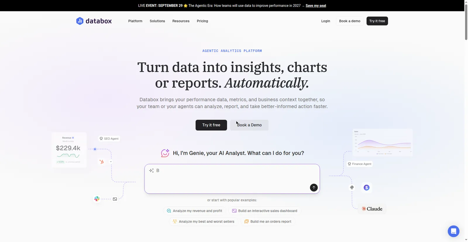 Databox homepage — agentic analytics platform