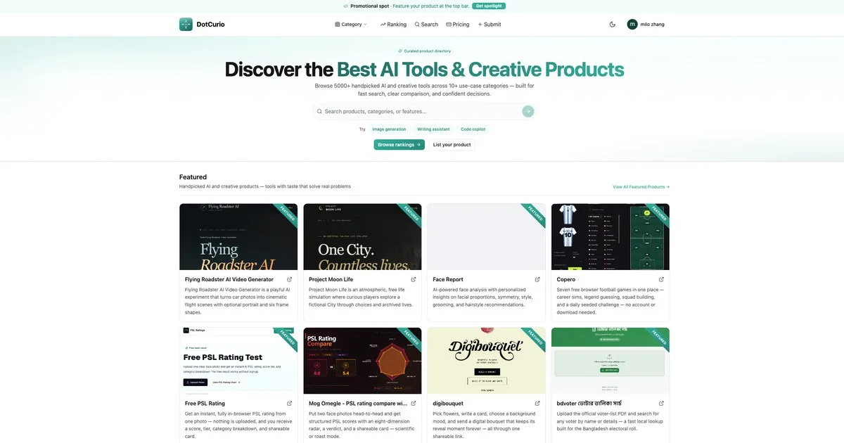 DotCurio homepage — discover AI and creative tools