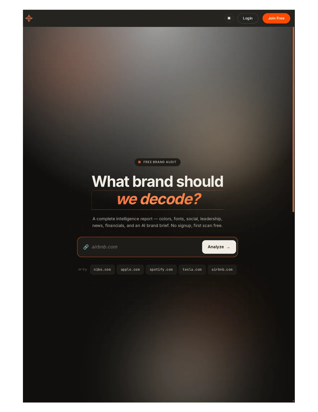 Homepage: free brand audit — enter any domain