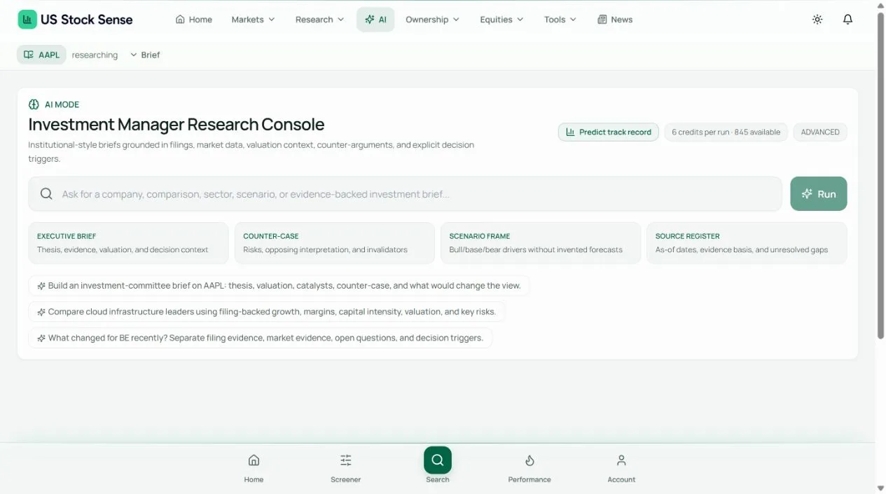 US Stock Sense AI-assisted research console