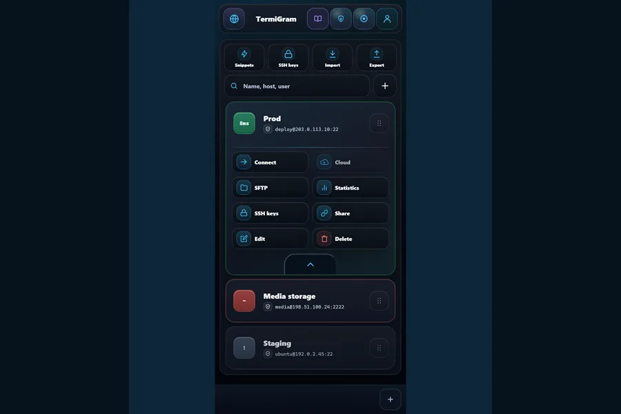 TermiGram main menu with server cards and an expanded workspace