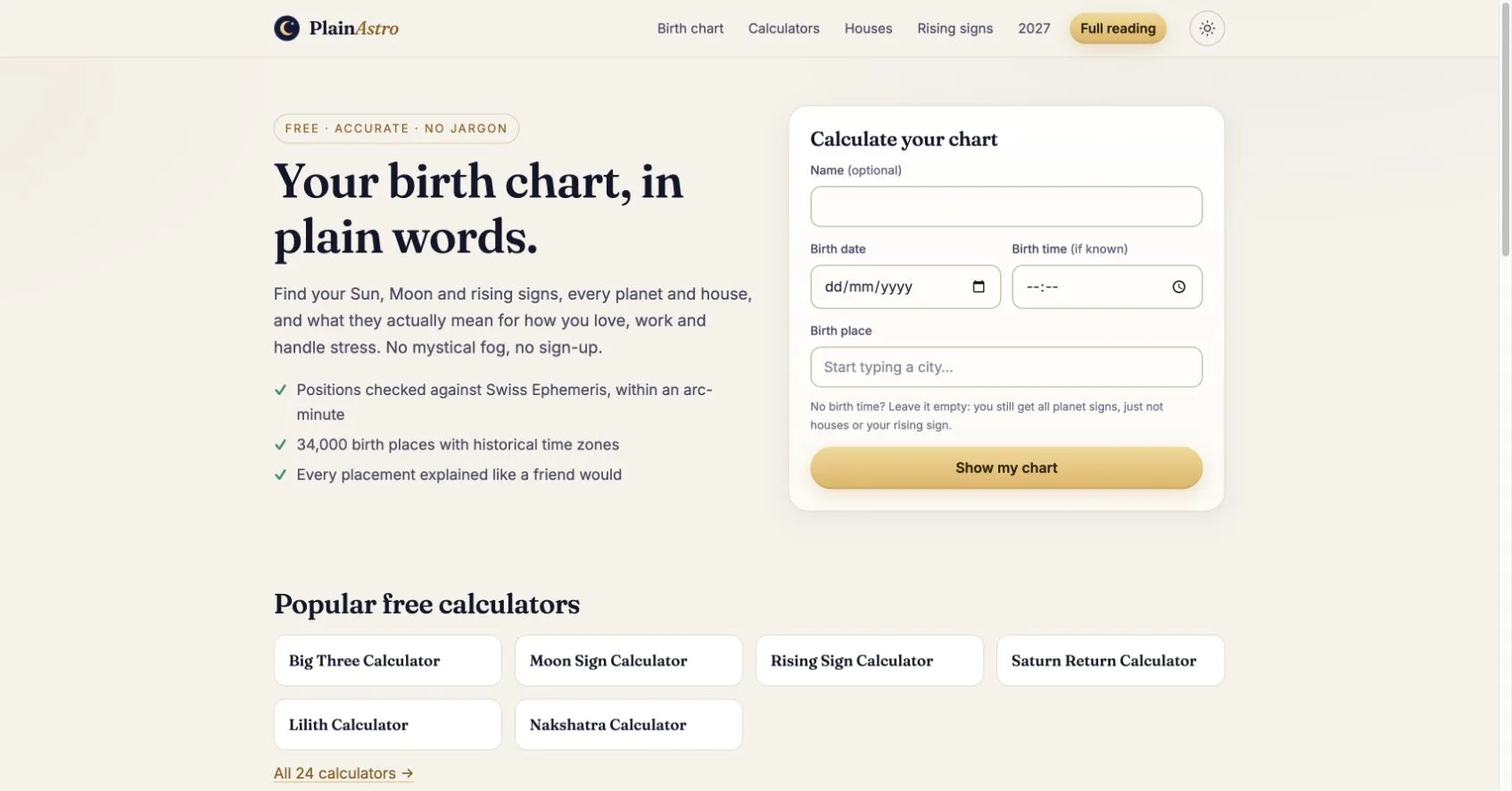 PlainAstro homepage with free birth chart calculator