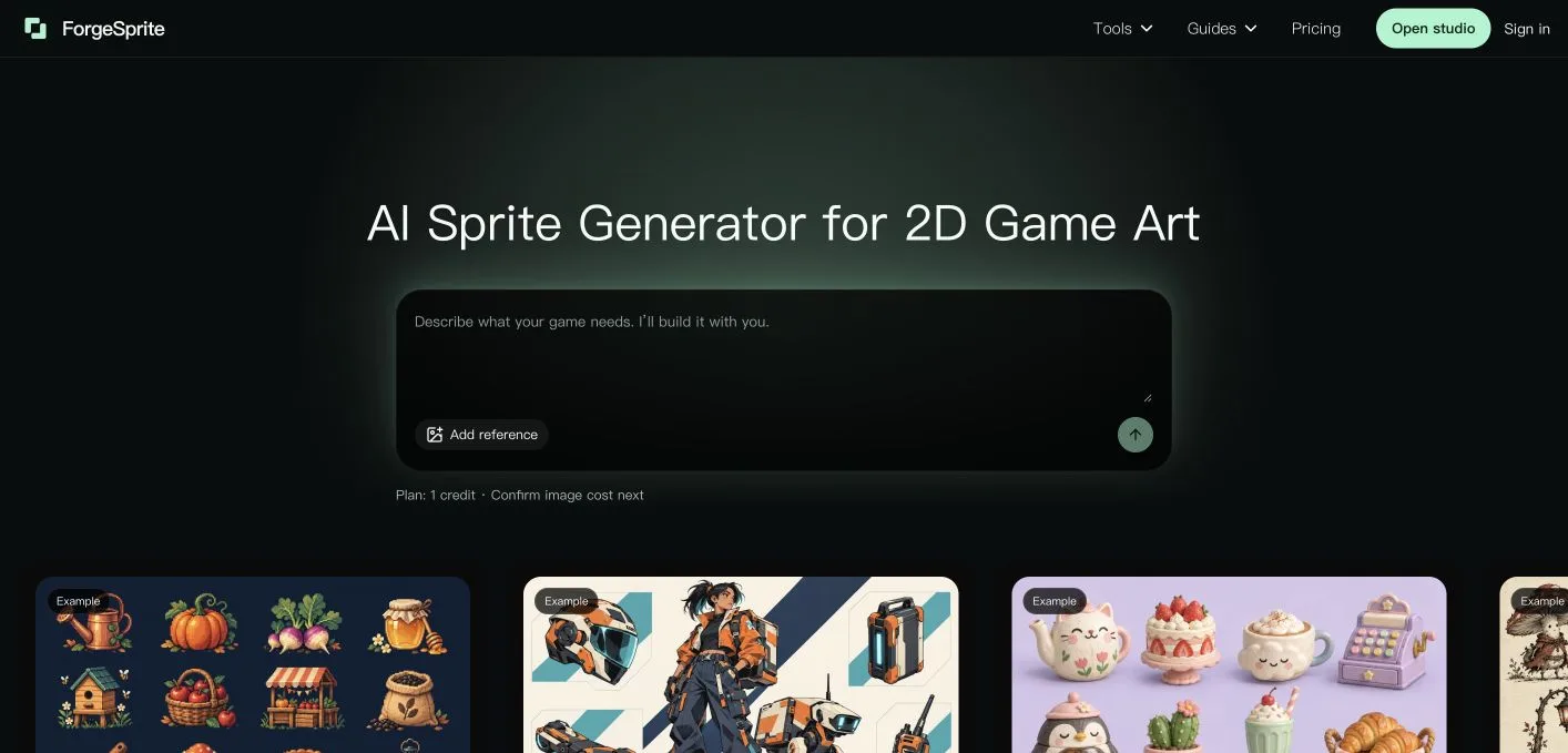 ForgeSprite official homepage with AI game art and PNG sprite tools
