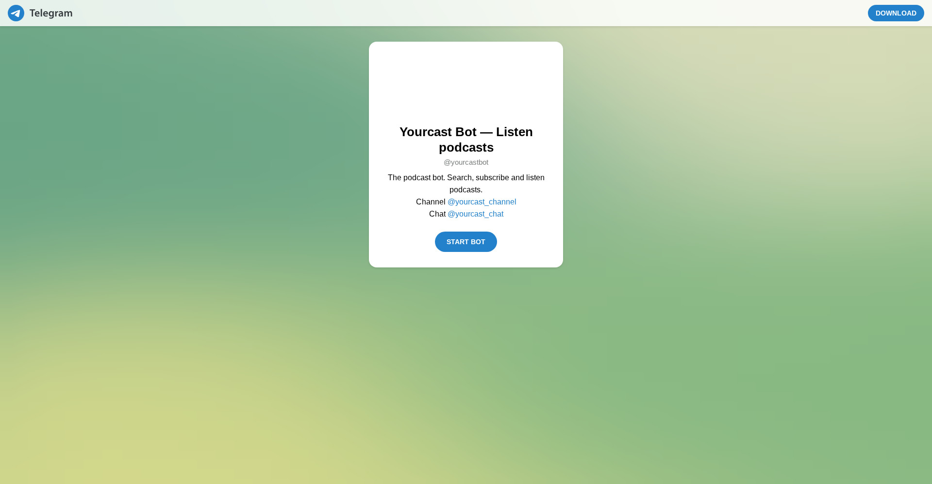Telegram bot page - Yourcast Bot, listen podcasts