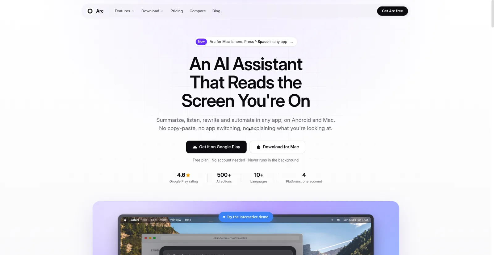 Arc official site — An AI Assistant That Reads the Screen You're On; Android and Mac downloads