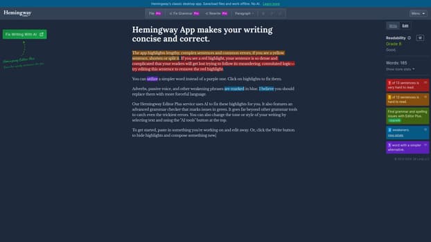 Hemingway Editor screenshot and logo